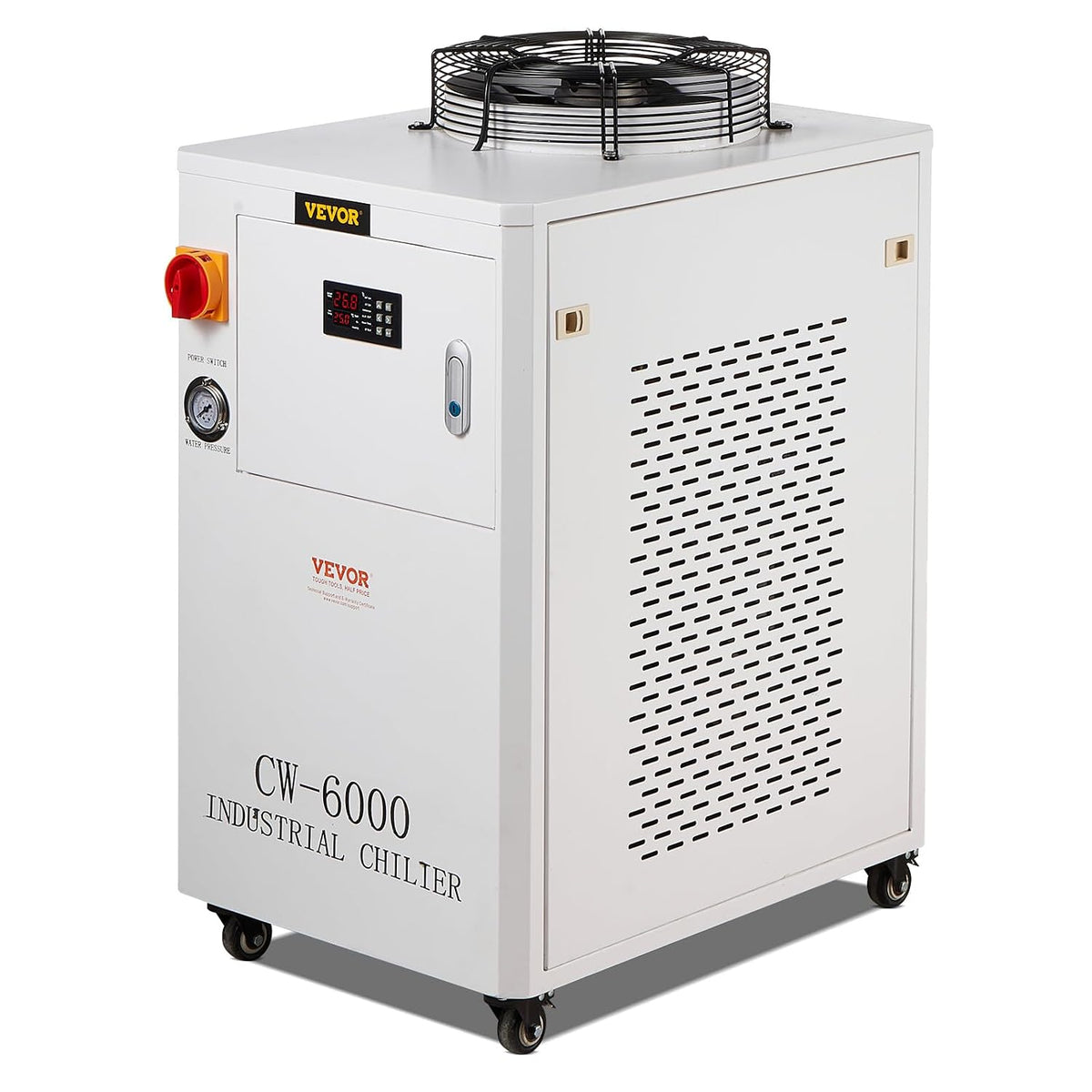 VEVOR Industrial Water Chiller, CW6000, 1500W Industrial Water Cooler Cooling System with Compressor 15L Water Tank Capacity 65 L/min Max Flow Rate, for CO2 Laser Engraving Machine Cooling Machine
