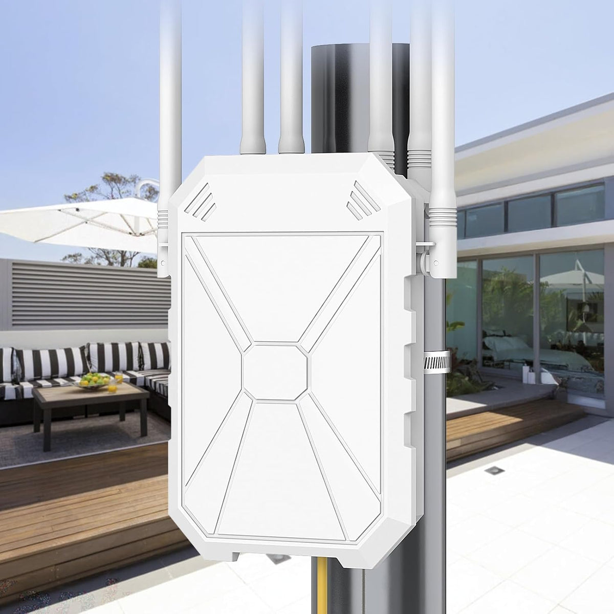 AC1200 Outdoor WiFi Extender, IP65 Weatherproof Long Range Booster for Yard Garage Farm RV, Access Point with PoE & 6 Antennas, Dual Band 2.4G/5G, WPA3, AP Repeater, Works with Starlink