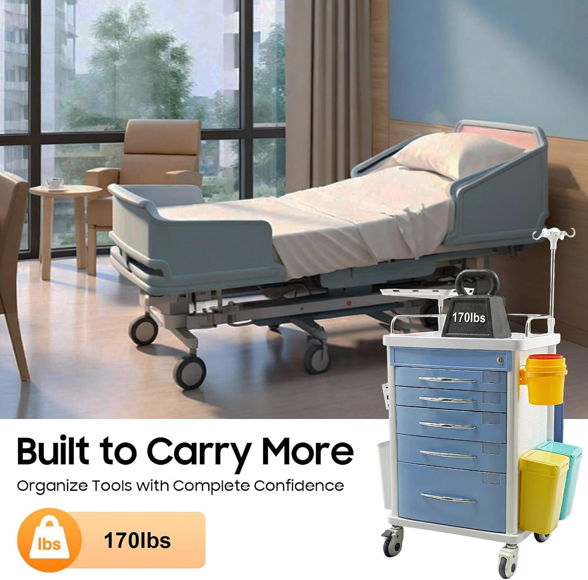 Medical Rolling Storage Crash Cart with Wheels & 5 Drawers, Hospital Mobile Ultrasound Med Cart with Power Strip, Needle Disposal,O2 Holder,Nursing Emergency Cart for Hospital, Clinic (Blue)