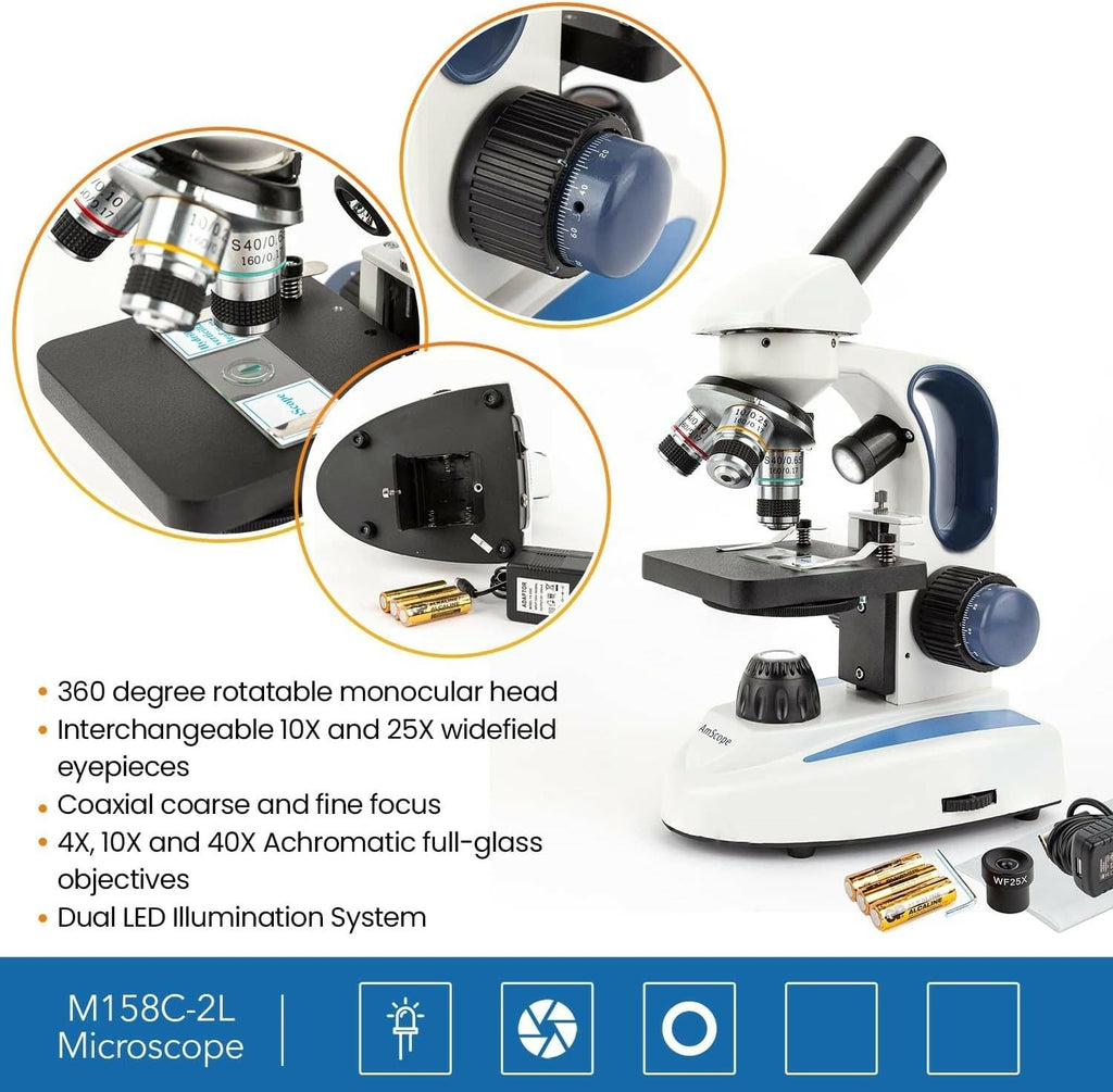 AmScope M158C-2L-E2 Compound Monocular Microscope, 2MP Camera