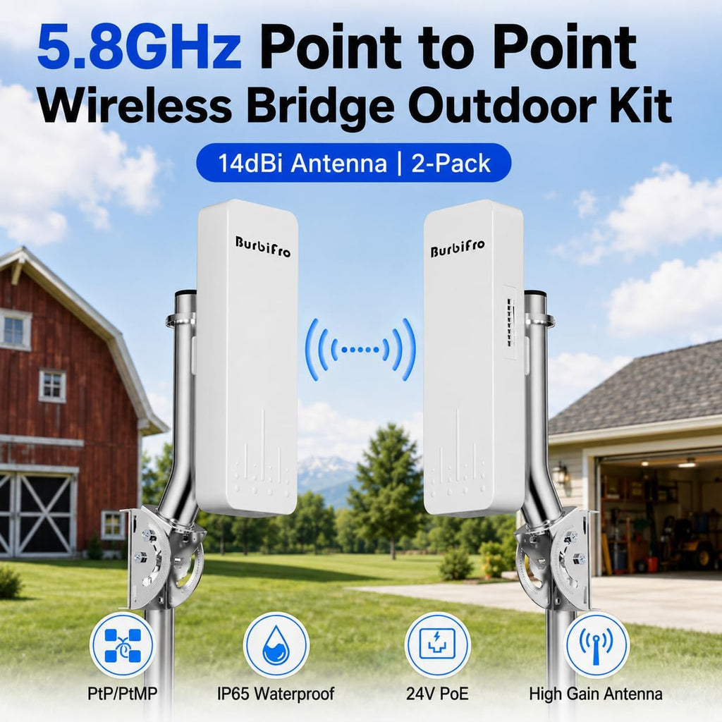 Point to Point Wireless Bridge Outdoor Kit, 5.8GHz with 14dBi Antenna - Extend Network to Barn, Shop, Garage | IP65 Waterproof, PtP/PtMP, 24V POE Power, 2-Pack