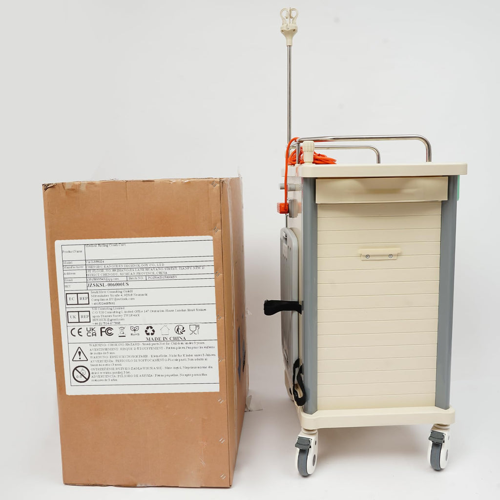 Medical Rolling Crash Cart, Medical Trolley 5 Drawers and Power Strip, Mobile Medical Cart for Clinic, Hospital, Nursing Center, Lockable Storage, Safety Retention Straps, Tag Slots (Blue)