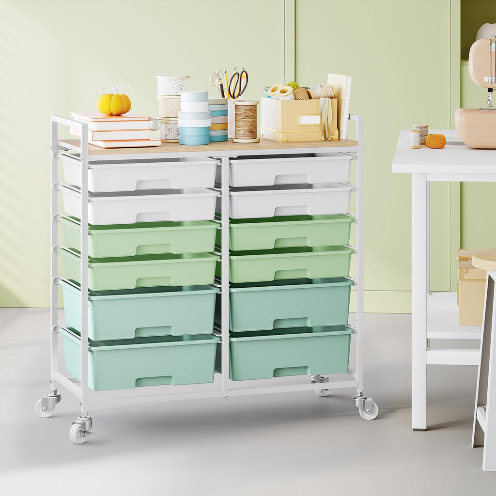 TOOLF 12 Drawers Rolling Storage Cart with Wooden Top for Classroom,White