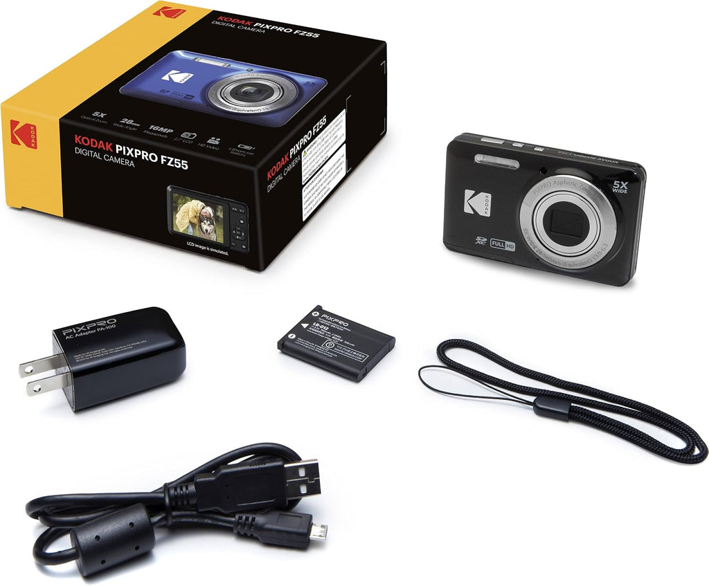 Kodak PIXPRO FZ55 Black 16MP Digital Camera 5X Optical Zoom 28mm Wide Angle 1080P Full HD Video 2.7" LCD Camera + 64GB Card and Reader + Memory Wallet