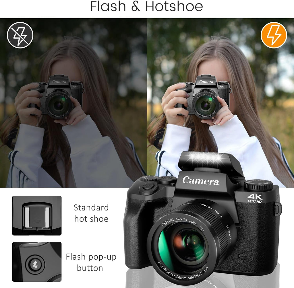 4K Digital Camera, 64MP WiFi Cameras for Photography with 4" Touchscreen