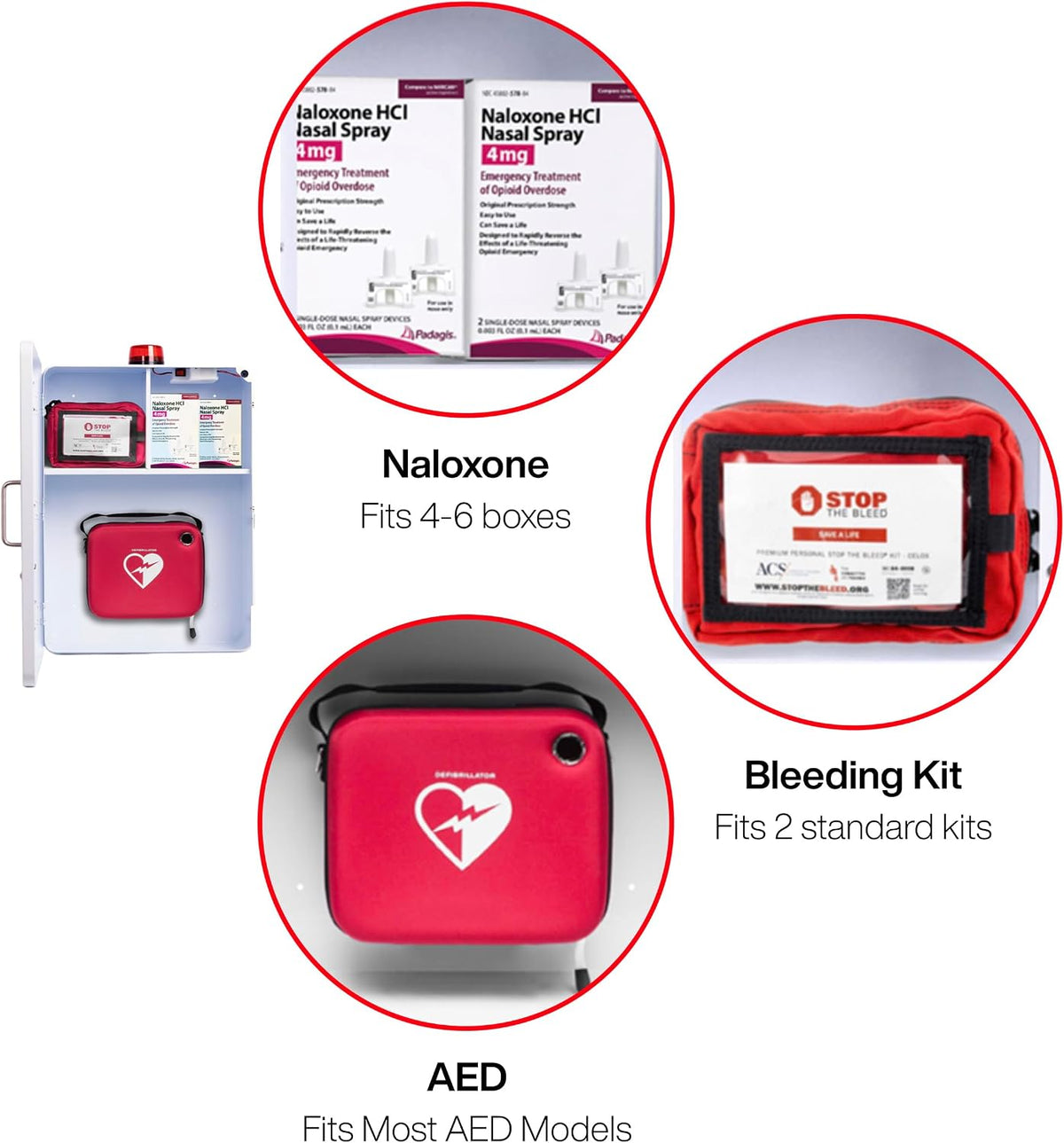 Emergency Medical Station â Wall Mount Cabinet for AEDs, Naloxone, Bleeding Control & First Aid Kits â Public Space Storage Solution â White (AED & Accessories Not Included)