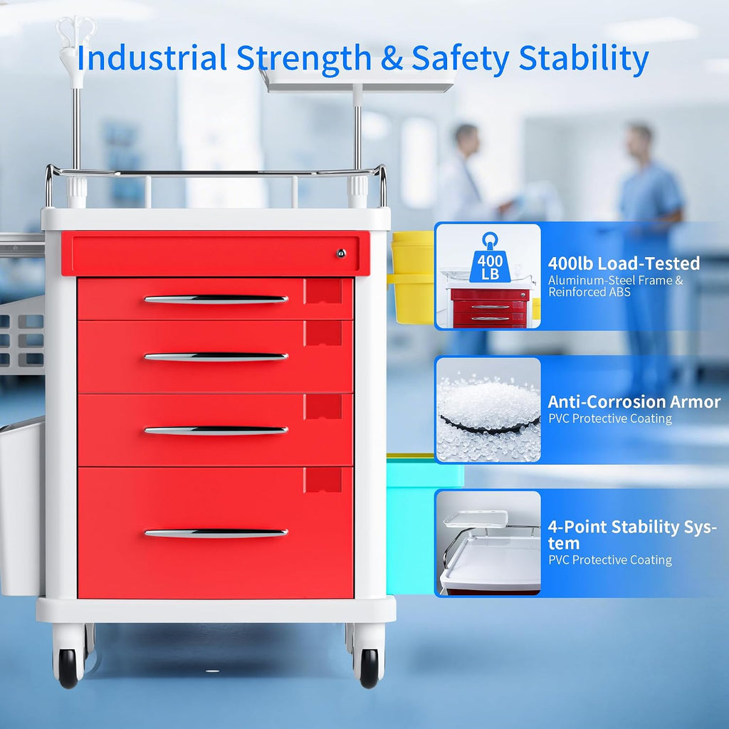 Medical Rolling Crash Cart, Mobile Medical Cart for Clinic, Hospital, Nursing Center with Integrated Medical Countertop -2 Trash Bin, Power Strip, Drawers with Dividers