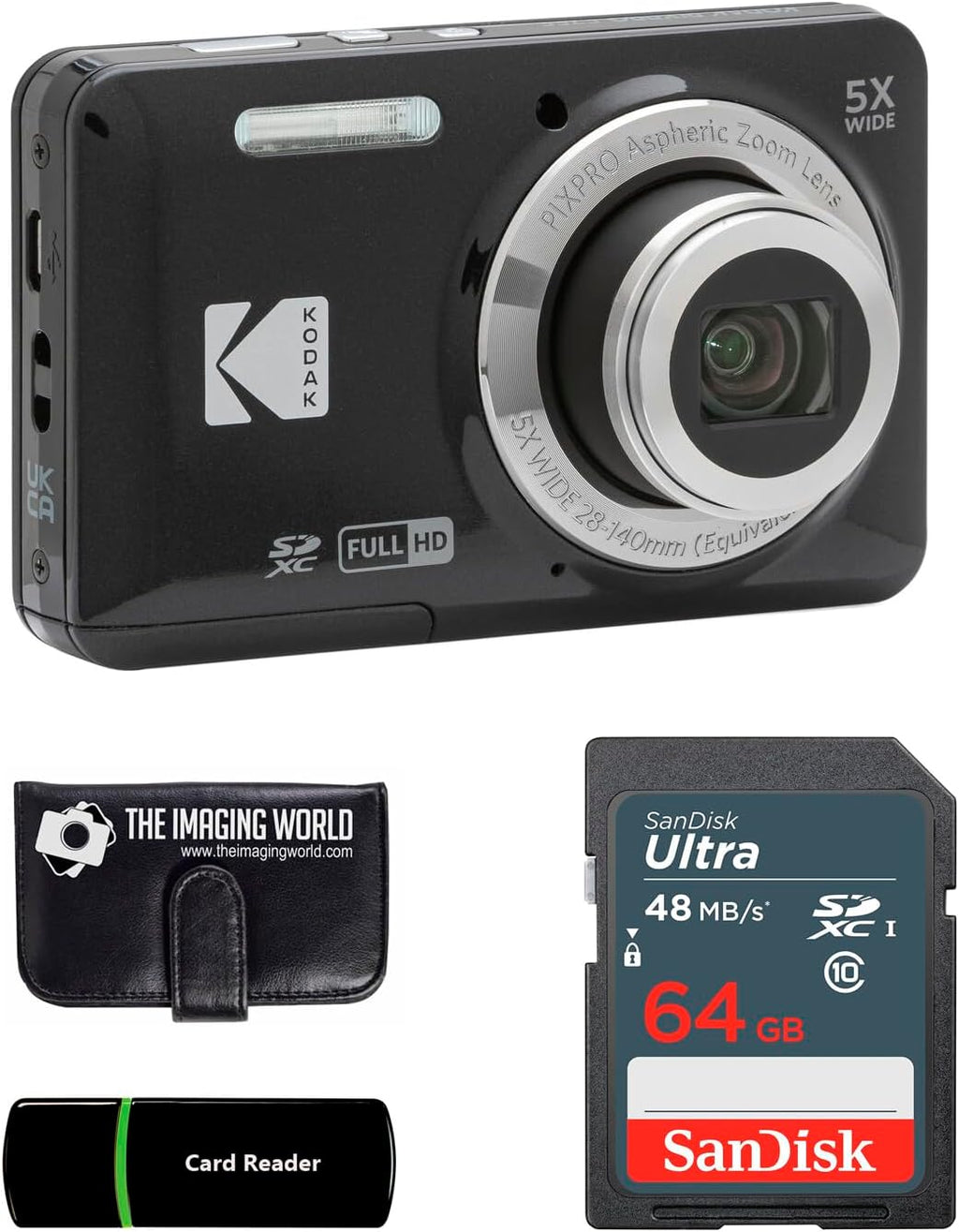 Kodak PIXPRO FZ55 Black 16MP Digital Camera 5X Optical Zoom 28mm Wide Angle 1080P Full HD Video 2.7" LCD Camera + 64GB Card and Reader + Memory Wallet