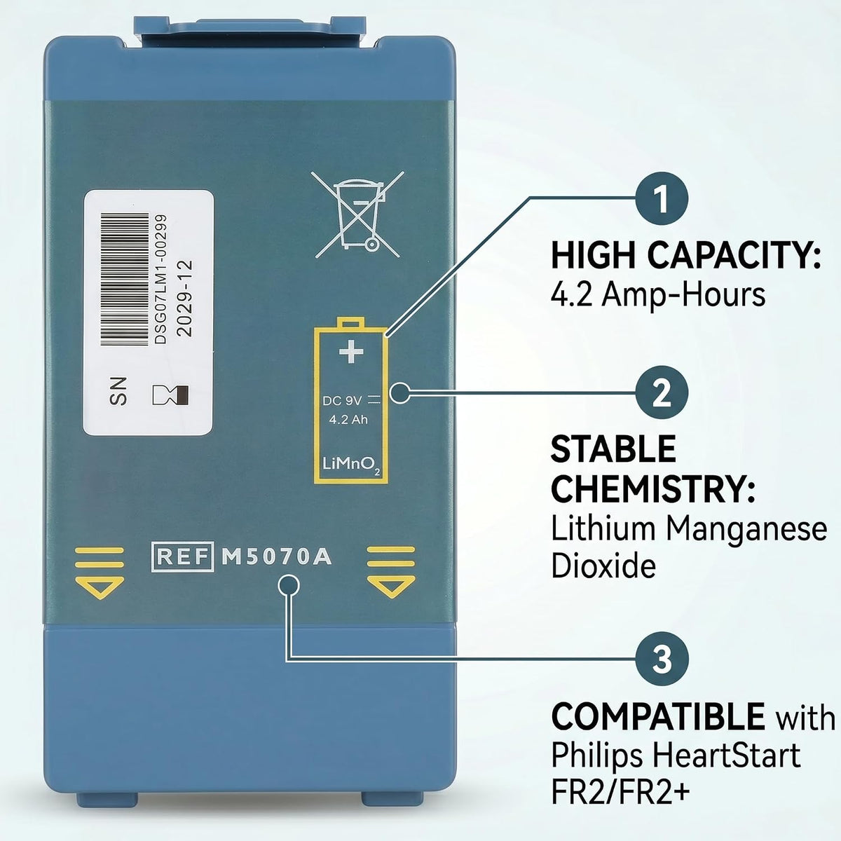 AED Battery Exchange M5070A Replacement Battery, M5066A, M5068A Compatible with Defibrillator Home AED Replace Battery - 9V 4200mAh