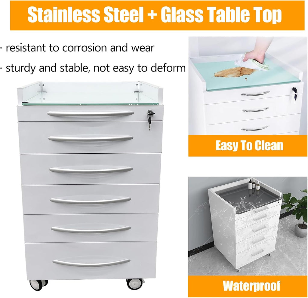 TECHTONGDA Dental Assistant's Mobile Cabinet 5 Drawer Medical Dental Mobile Cart, Stainless Steel Moving Storage Cabinet Utility Cart with Lock and 4 Casters for Office Clinic Hospital