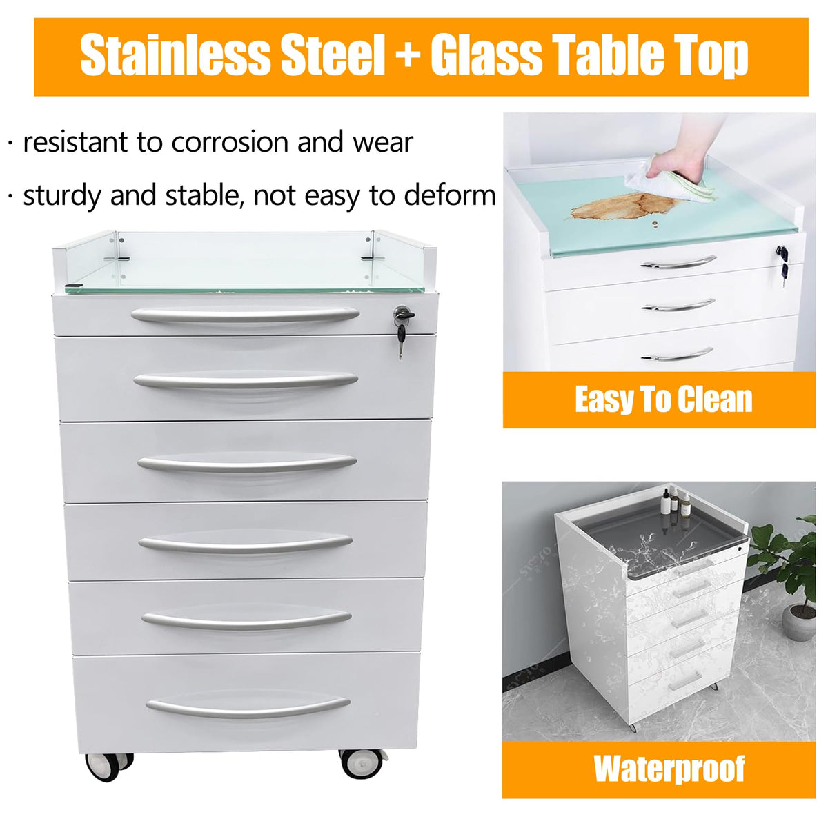 TECHTONGDA Dental Assistant's Mobile Cabinet 5 Drawer Medical Dental Mobile Cart, Stainless Steel Moving Storage Cabinet Utility Cart with Lock and 4 Casters for Office Clinic Hospital