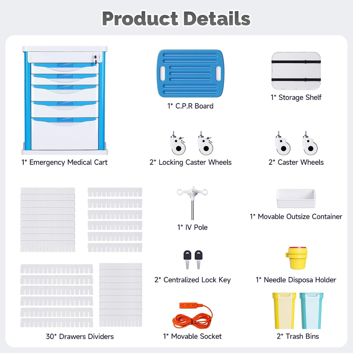 Crash Cart Medical ABS Material, Medical Cart with Drawers, Adjustable IV Pole, Silent Casters, Trash Bins, O2 Holder, Needle Disposal Holder, CPR Board, Nursing Cart for Hospital Clinic