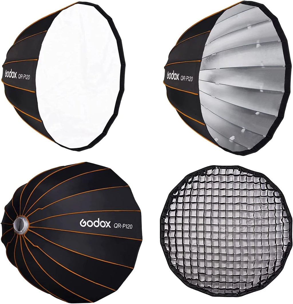 Godox Qr-P120 47.1 Inch/120Cm Parabolic Softbox Bowens Mount, Quick Release Parabolic Softbox, With Front & Inner Diffuser Sl-60W Ad600Bm Vl150 Ul150 Sl150Ii Amaran 100X 200D 200X W/Grid