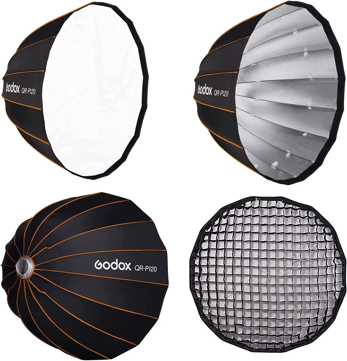 Godox Qr-P120 47.1 Inch/120Cm Parabolic Softbox Bowens Mount, Quick Release Parabolic Softbox, With Front & Inner Diffuser Sl-60W Ad600Bm Vl150 Ul150 Sl150Ii Amaran 100X 200D 200X W/Grid