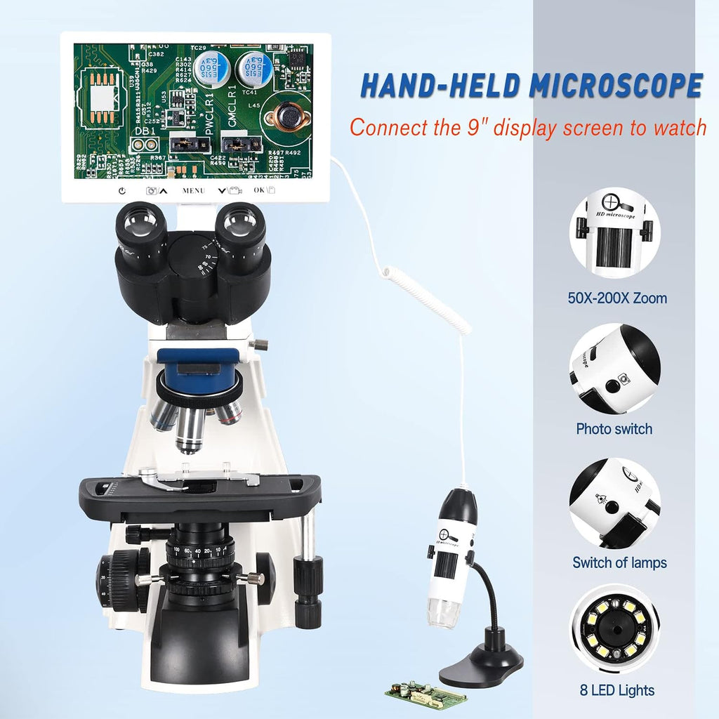 HSL Trinocular Compound Microscope for Adults Professional,9 inch LCD Digital Microscope kit,Electron microscopes Light,Biological Microscope LAB with Screen 400x 1000x Micro Scope