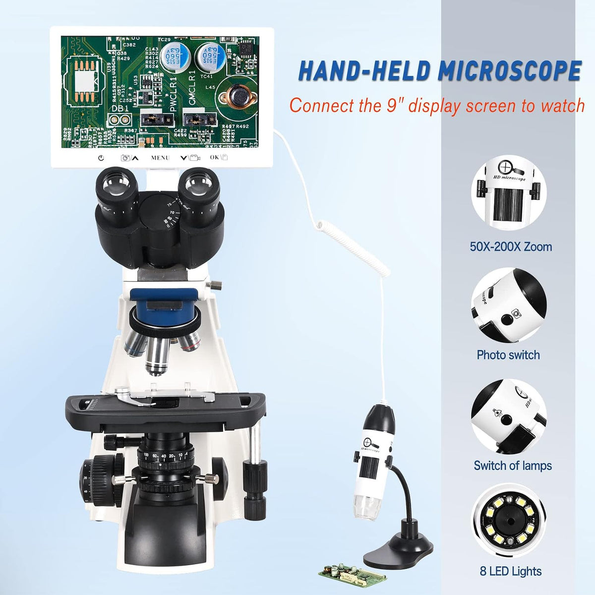HSL Trinocular Compound Microscope for Adults Professional,9 inch LCD Digital Microscope kit,Electron microscopes Light,Biological Microscope LAB with Screen 400x 1000x Micro Scope