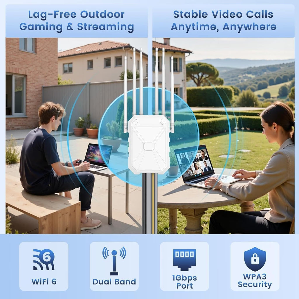 AX1800 Outdoor WiFi 6 Extender for Garage, Farm, Yard & RV, IP65 Weatherproof Long Range Access Point with PoE, Gigabit Ethernet & 6 Antennas, Starlink Compatible
