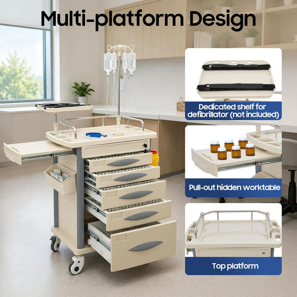 Medical Rolling Crash Cart with Accessories-CPR Board, 2 Trash Bin, Power Strip, Drawers with Dividers, Mobile Medical Cart for Clinic, Hospital, Nursing Center, Salon, 29.53 * 18.7 * 37.4in (Red)