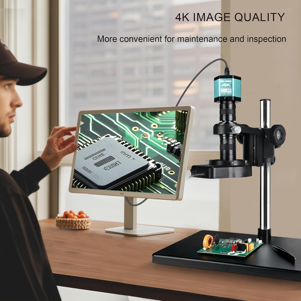 NICE-POWER Digital Microscope with Large Stable Base Stand, 4K HD Quality Industrial Microscope Type-C/HDMI Interface with 150X HD Lens Adjustable Ring Light Illumination for Electronic Repair etc