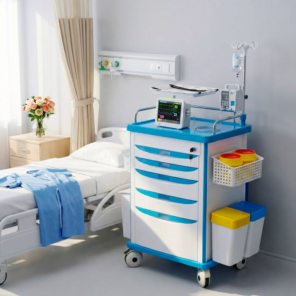 Medical Rolling Storage Crash Cart with Wheels, 5-Tier Medical Cart with Drawers, Adjustable IV Pole, Trash Bin & O2 Holder, Needle Disposal Holder, Silent Casters, Ideal for Hospitals (Grey)