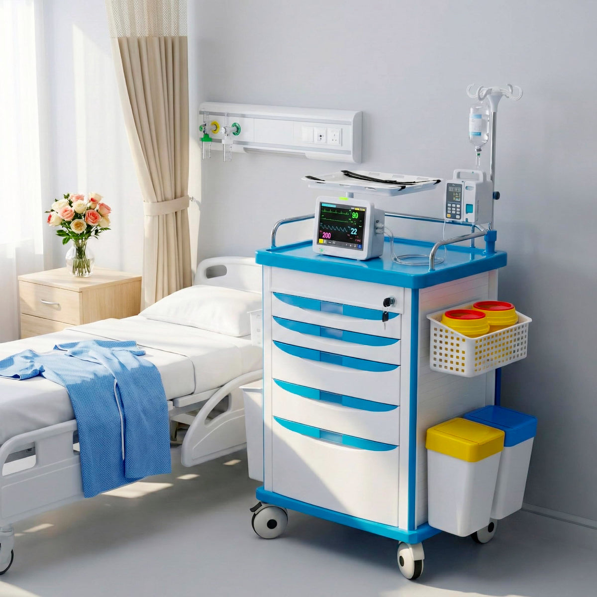 Medical Rolling Storage Crash Cart with Wheels, 5-Tier Medical Cart with Drawers, Adjustable IV Pole, Trash Bin & O2 Holder, Needle Disposal Holder, Silent Casters, Ideal for Hospitals (Grey)