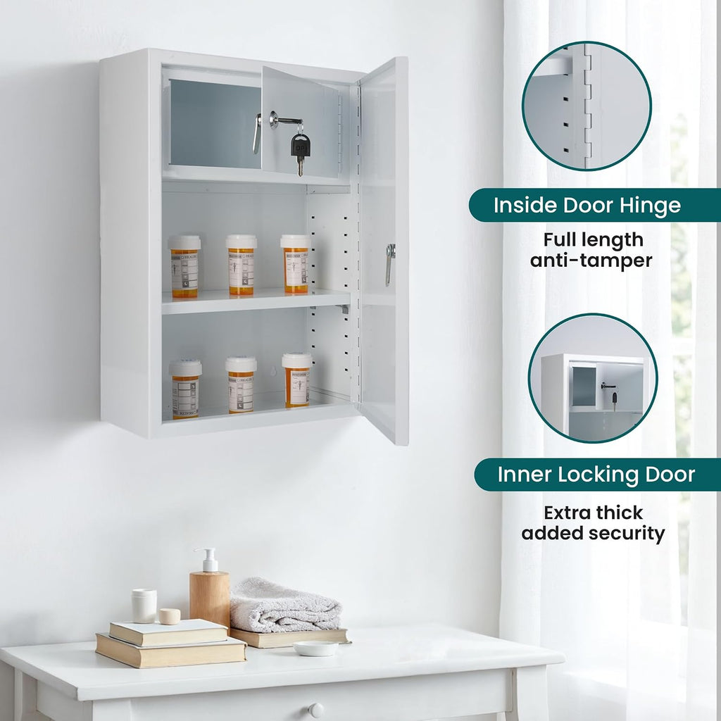 Double Locking Medicine Cabinet, Metal, 12" W x 18" H x 6" D
