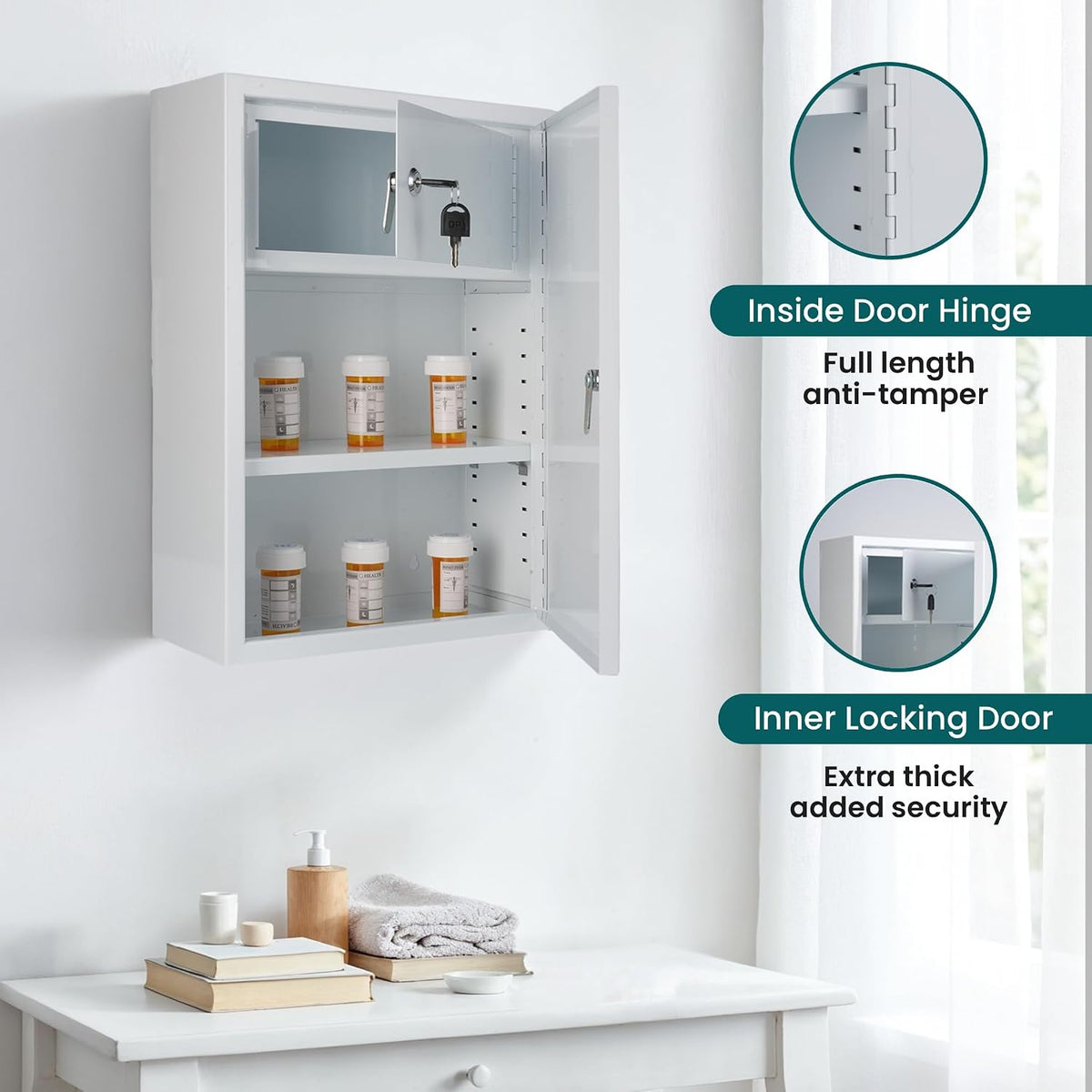 Double Locking Medicine Cabinet, Metal, 12" W x 18" H x 6" D