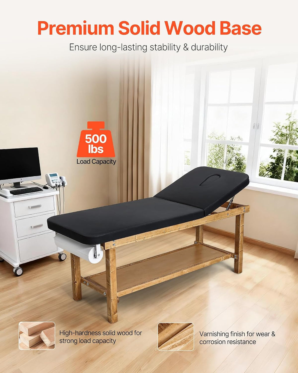 VEVOR Medical Exam Table, Wooden Framed Medical Examination Bed, Physical Therapy Exam Table with Adjustable Backrest, Storage Shelf & Paper Roll Dispenser for Hospitals Clinics Rehab Centers, 500LBS