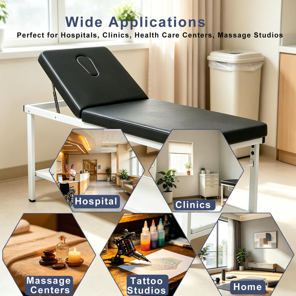 Adjustable Exam Table with Paper Roll Dispenser & Shelf, Physical Therapy Medical Exam Table, Patient Examination Bed, Durable, Low Maintenance and Holds Up to 400 Lbs (Black)
