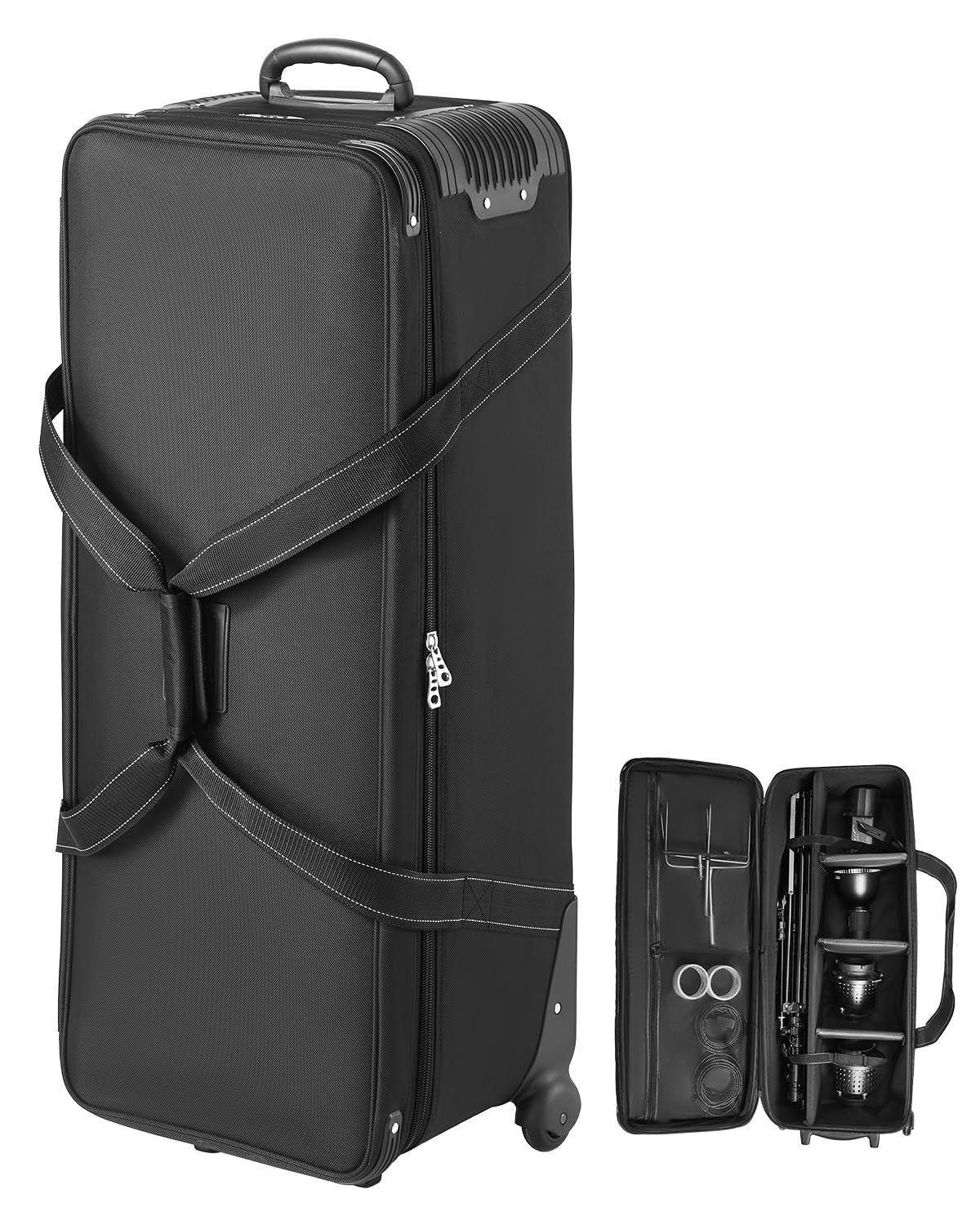 VEVOR Studio Equipment Trolley Case, 35.83 x 11.81 x 14 in / 91 x 30 x 35.5 cm, Rolling Camera Bag, Carrying Bag with Wheels Straps Padded Compartment Handle, for Light Stands, Tripods, Telescopes