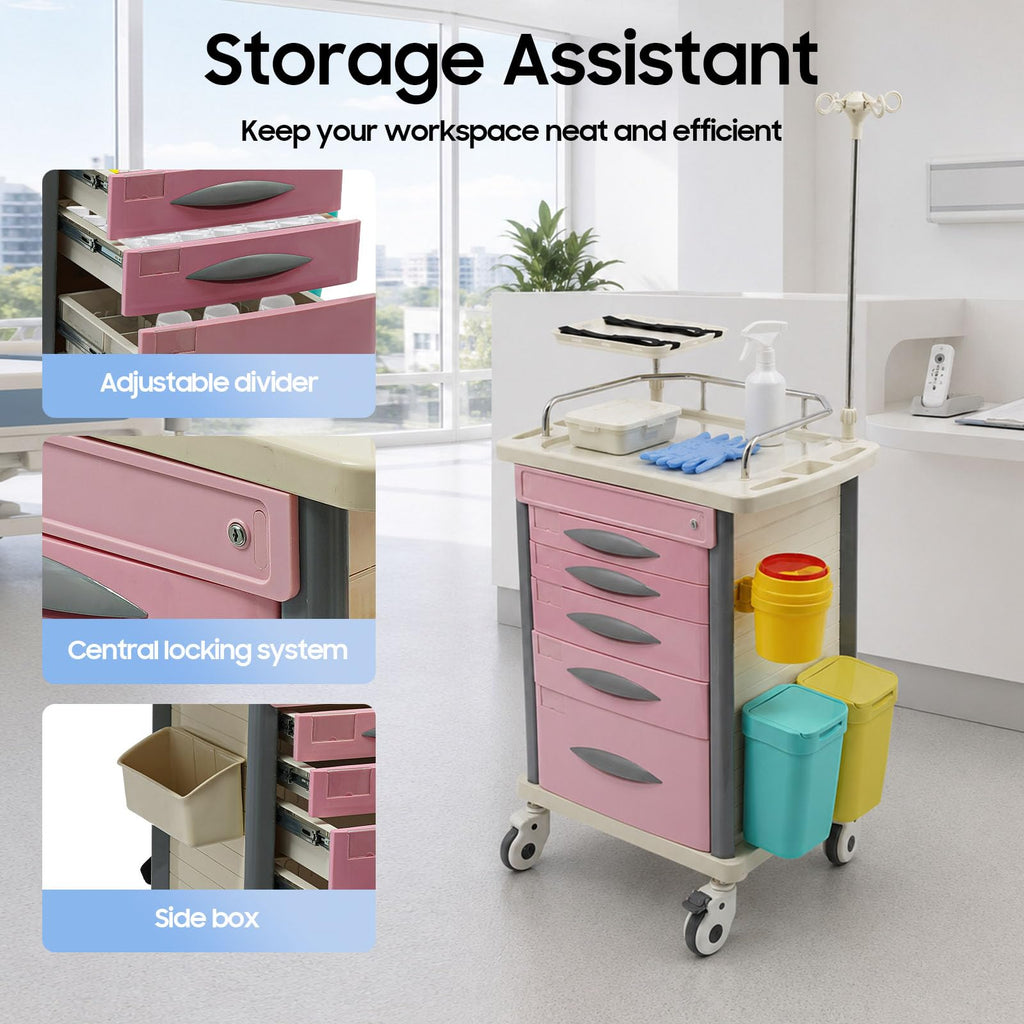 Medical Rolling Crash Cart with Accessories-CPR Board, 2 Trash Bin, Power Strip, Drawers with Dividers, Mobile Medical Cart for Clinic, Hospital, Nursing Center, Salon, 29.53 * 18.7 * 37.4in (Red)