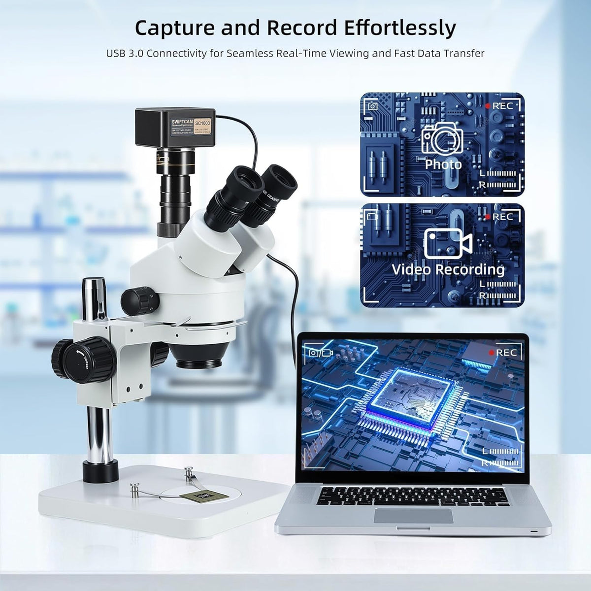 Swiftcam 20MP USB 3.0 Microscope Camera with Reduction Lens and Calibration Kit, Digital Eyepiece for Compound and Stereo Microscopes, Compatible with Windows/Mac/Linux