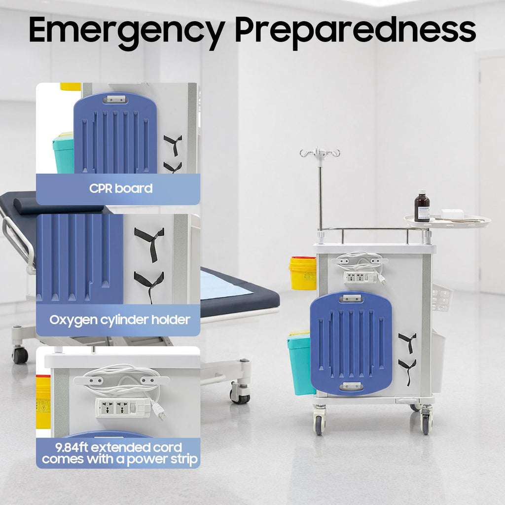 Medical Rolling Crash Cart with Accessories-CPR Board, 2 Trash Bin, Power Strip, Drawers with Dividers, Mobile Medical Cart for Clinic, Hospital, Nursing Center, Salon, 29.53 * 18.7 * 37.4in (Red)