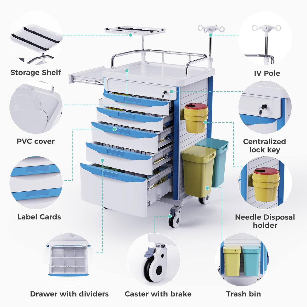 Medical Rolling Crash Cart with Integrated Medical Countertop
