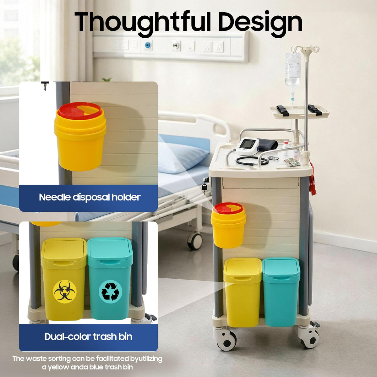 Medical Rolling Crash Cart with Accessories-CPR Board, 2 Trash Bin, Power Strip, Drawers with Dividers, Mobile Medical Cart for Clinic, Hospital, Nursing Center, Salon, 29.53 * 18.7 * 37.4in (Red)