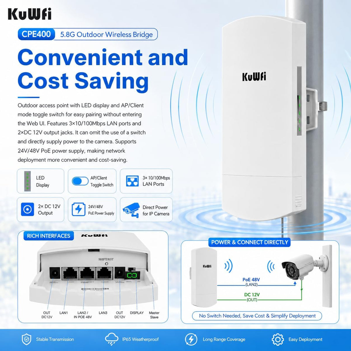 Outdoor Wireless Bridge, KuWFi 5.8G 3KM Transmission WiFi Point to Point Wireless Ethernet Bridge Router, with 3 RJ45 LAN Ports, Pre-Program, 48V PoE, 2-Packs