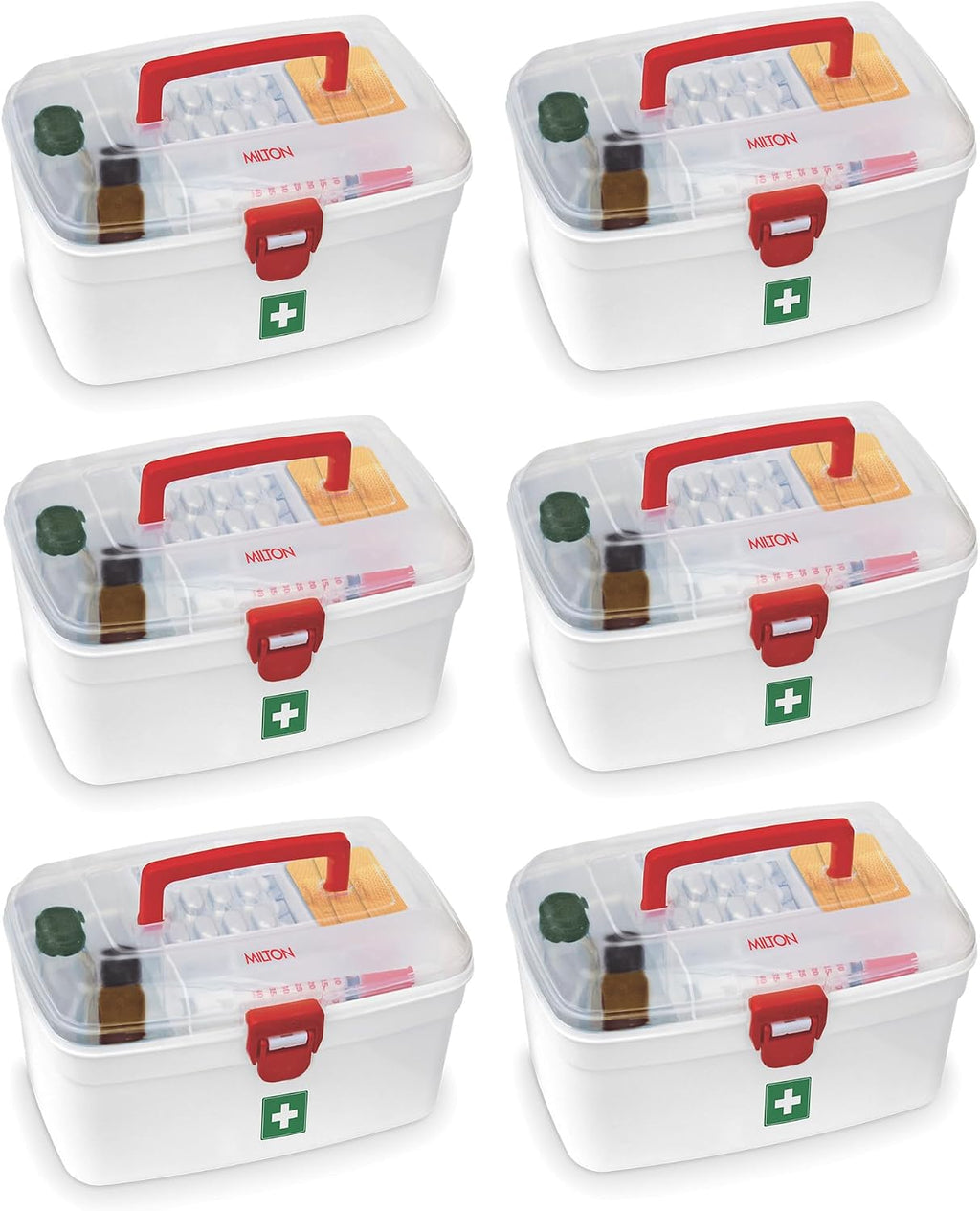 MILTON Plastic Medicine Box, First Aid Box, Set of 6, Small Storage with Handle, Emergency Indoor Outdoor Medical Utility Cabinet Organizer, Transparent, Portable Lockable & Detachable Tray