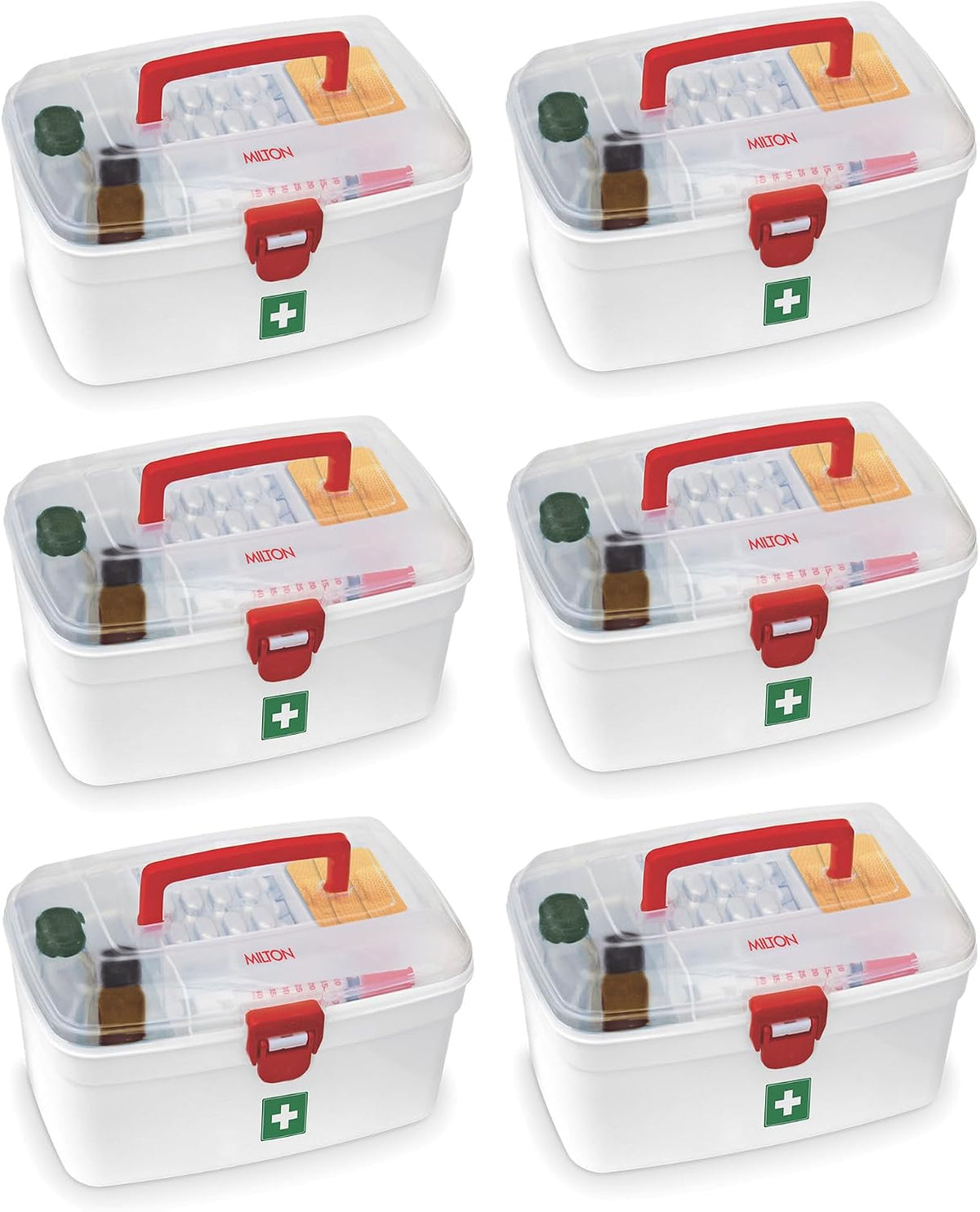 MILTON Plastic Medicine Box, First Aid Box, Set of 6, Small Storage with Handle, Emergency Indoor Outdoor Medical Utility Cabinet Organizer, Transparent, Portable Lockable & Detachable Tray