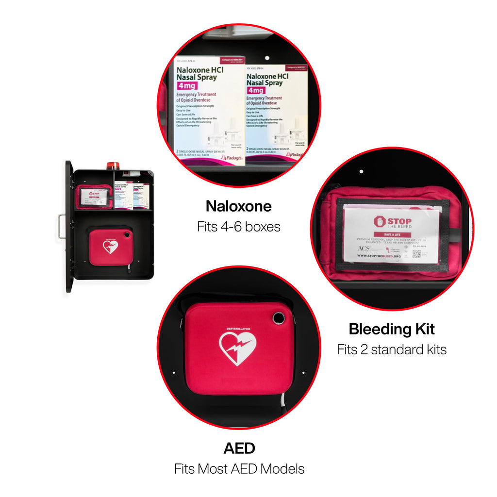 Emergency Medical Station â Wall Mount Cabinet for AEDs, Naloxone, Bleeding Control & First Aid Kits â Public Space Storage Solution â White (AED & Accessories Not Included)