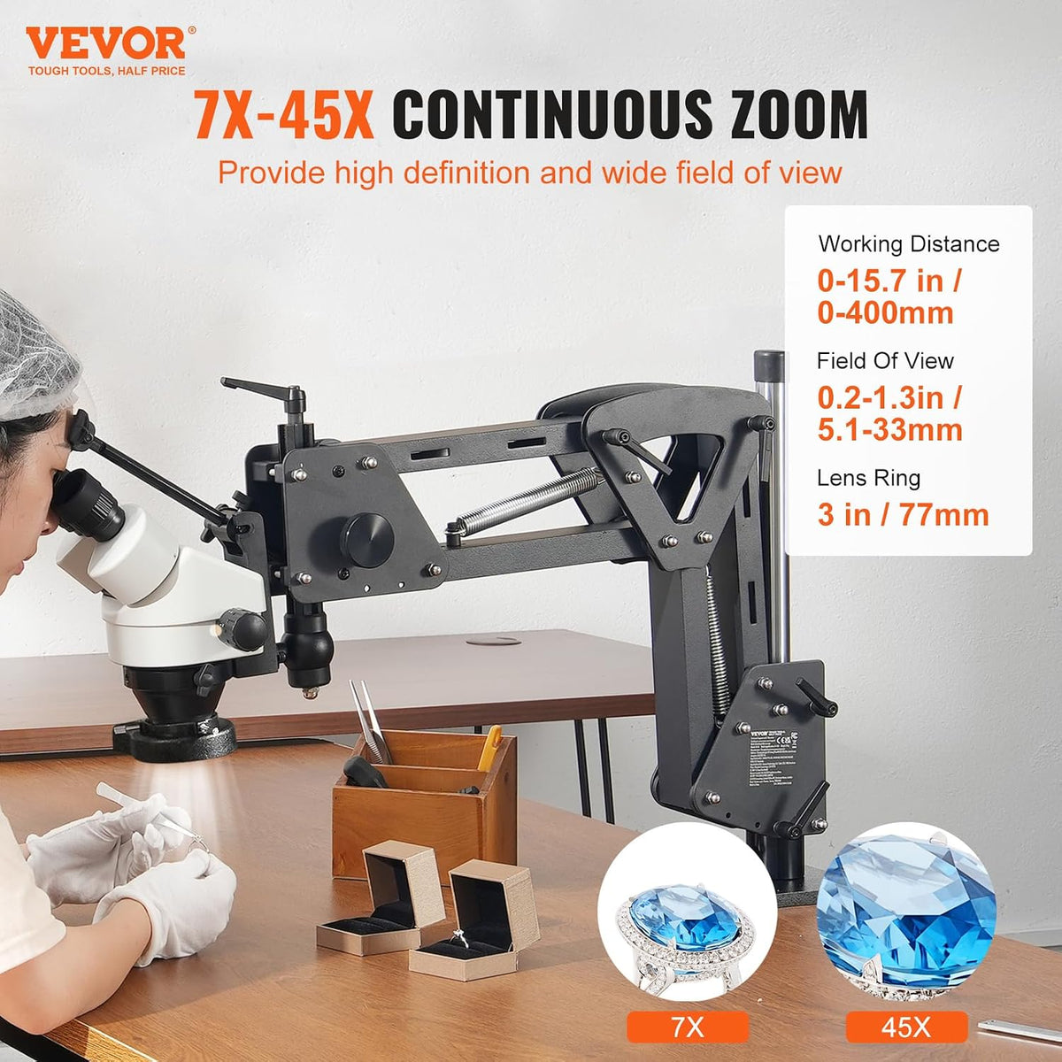 VEVOR Multi-Directional Microscope with Spring Bracket, Micro Jewelry Inlaid Stand, with Integrated USB Ring LED Light, 7X-45X Magnification Jewelry Microscope, Jewelers Microscope for Jewelry Inlay