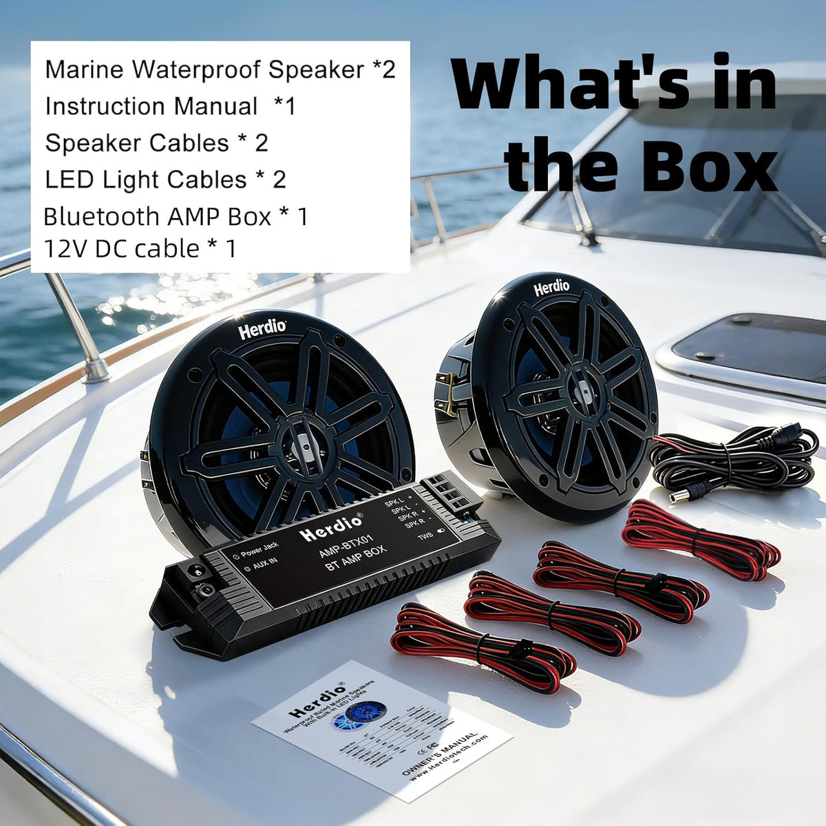 Herdio 6.5 Inch 350W Bluetooth Marine Speakers with Blue LED Light - 2 Way Waterproof Coaxial Speakers for Boats, ATVs, UTVs (A Pair, Black)