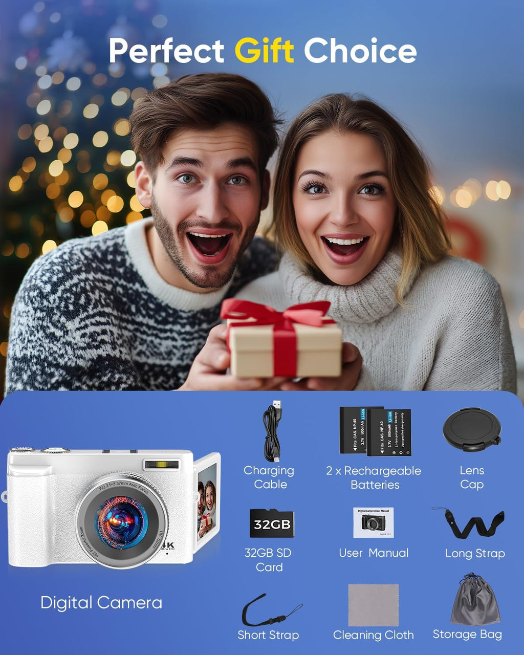 2026 Upgraded 64MP Digital Camera 4K WiFi 180Â° Flip Screen Autofocus, White