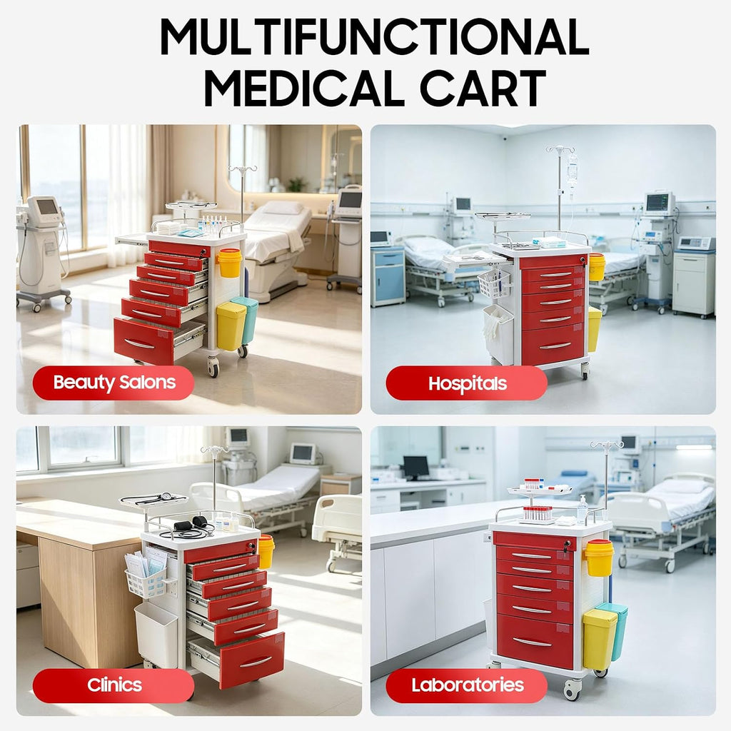 Medical Rolling Crash Cart with Accessories-CPR Board, 2 Trash Bin, Power Strip, Drawers with Dividers, Mobile Medical Cart for Clinic, Hospital, Nursing Center, Salon, 29.53 * 18.7 * 37.4in (Red)