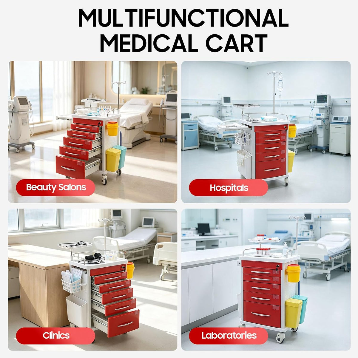Medical Rolling Crash Cart with Accessories-CPR Board, 2 Trash Bin, Power Strip, Drawers with Dividers, Mobile Medical Cart for Clinic, Hospital, Nursing Center, Salon, 29.53 * 18.7 * 37.4in (Red)