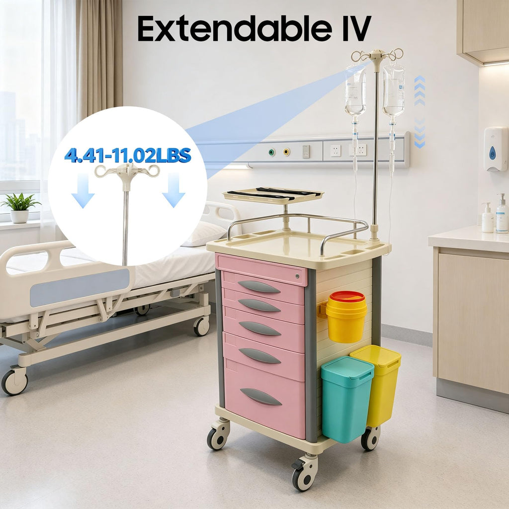 Medical Rolling Crash Cart with Accessories-CPR Board, 2 Trash Bin, Power Strip, Drawers with Dividers, Mobile Medical Cart for Clinic, Hospital, Nursing Center, Salon, 29.53 * 18.7 * 37.4in (Red)