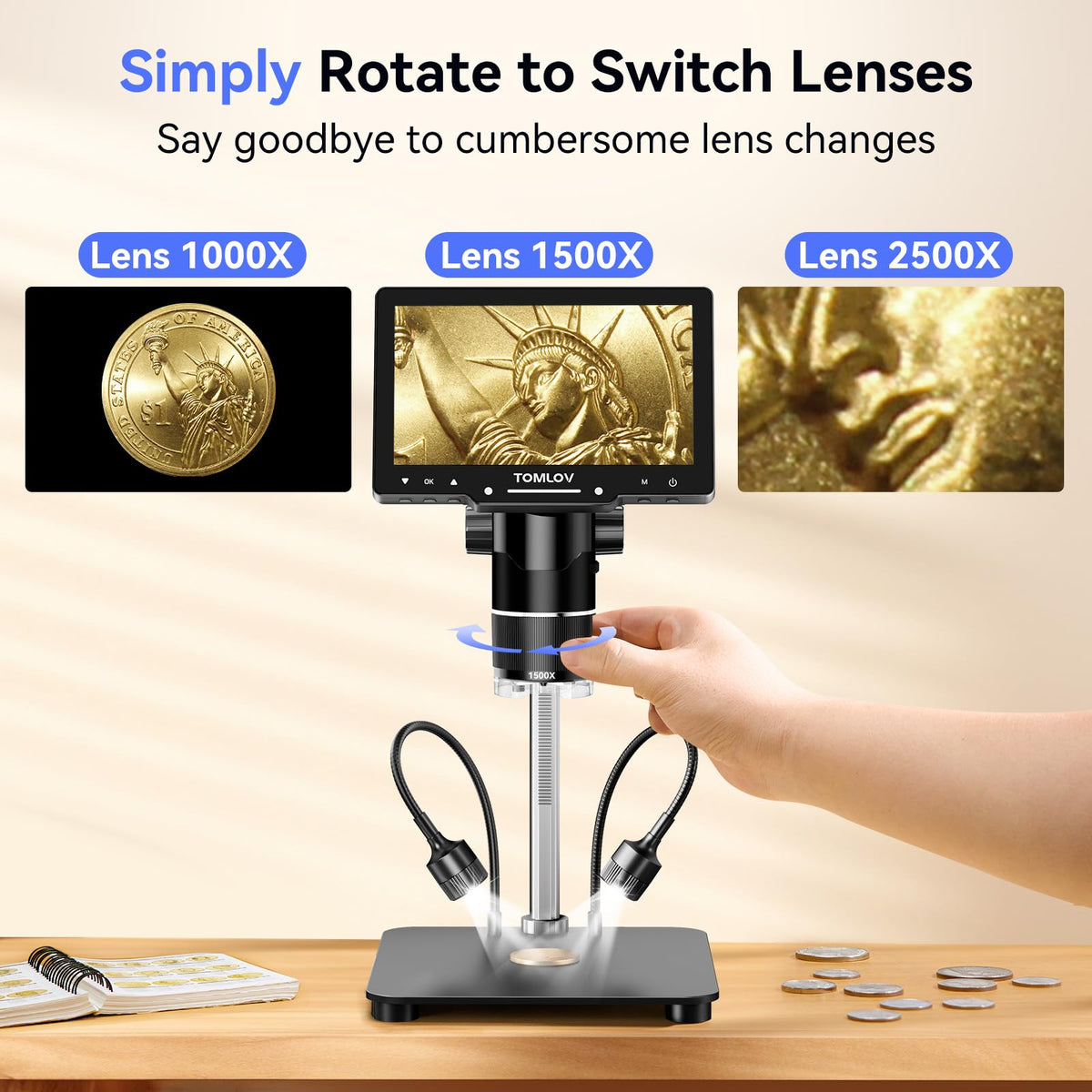 TOMLOV TriL110 3-Lens Digital Microscope 2500Xï¼Full View Coin Magnifier 10"