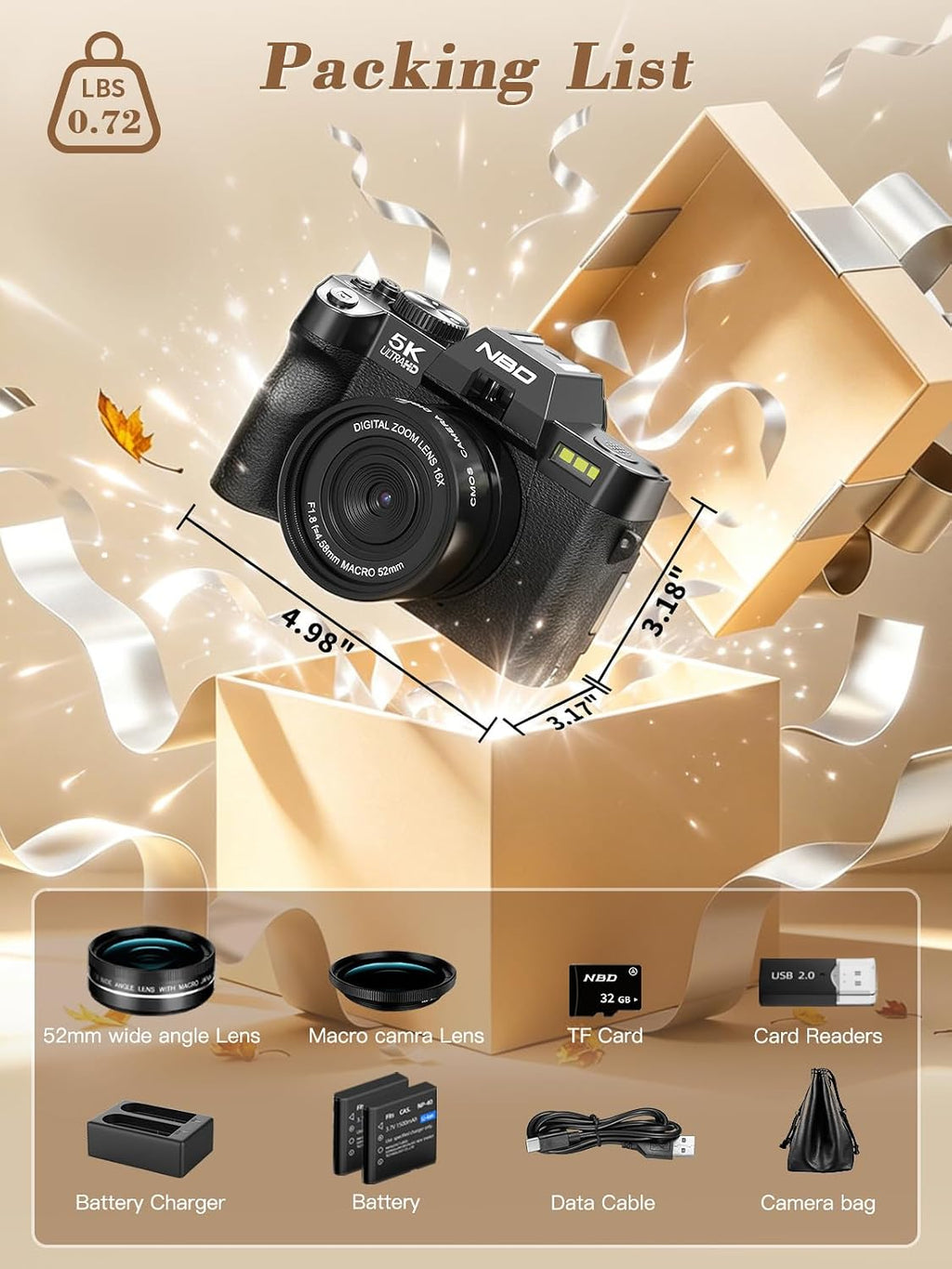 True 5K 64MP Digital Camera for Photography(Black)