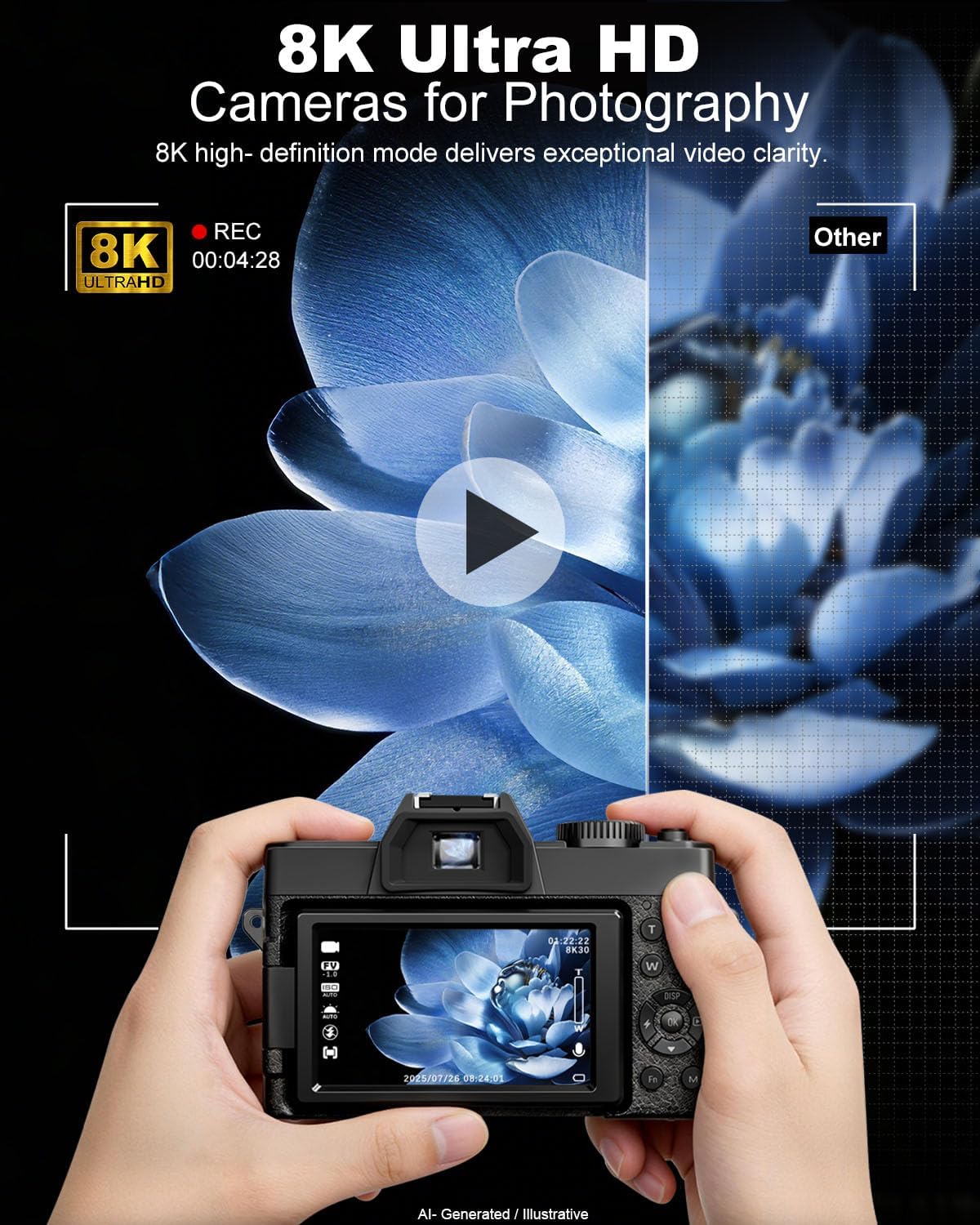 True 8K 64MP Digital Camera for Photography with Microphone(Black)