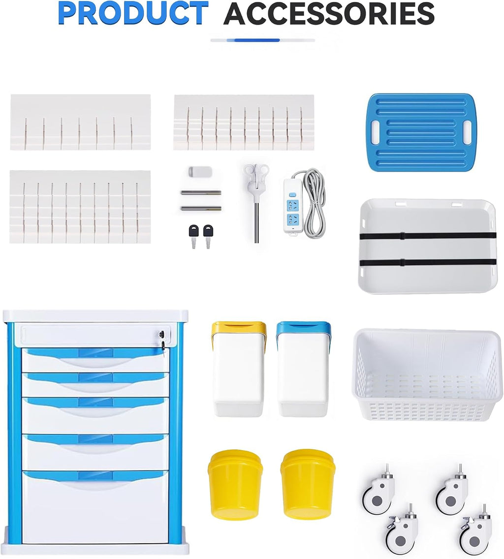 Medical Crash Cart Rolling Emergency with 5 Drawers & Wheels, Mobile Nursing Cart Featuring Power Strip, Hospital Ultrasound cart with IV Pole, Needle Disposal, O2 Holder for Hospital & Clinic