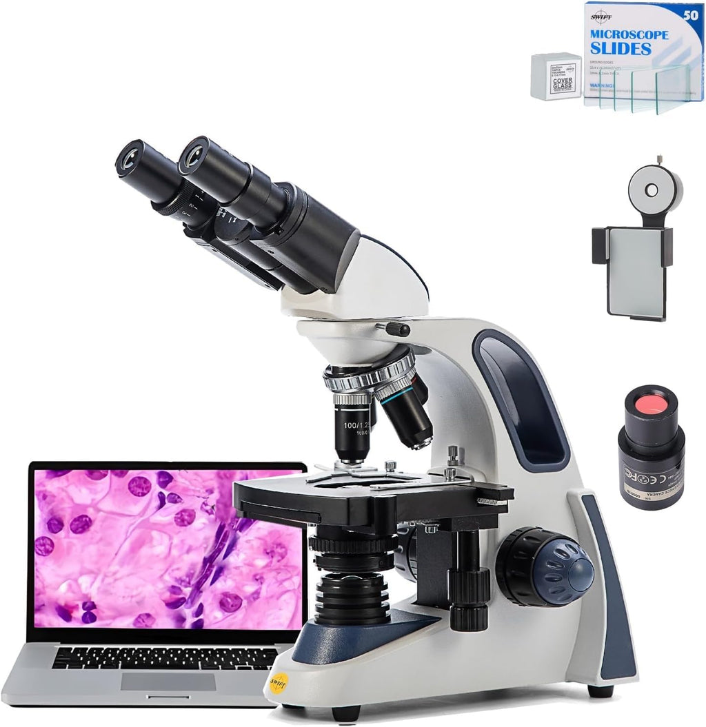 SWIFT SW380B 40X-2500X Magnification, Siedentopf Head, Research-Grade Binocular Compound Lab Microscope with Wide-Field 10X and 25X Eyepieces, Mechanical Stage, Ultra-Precise Focusing